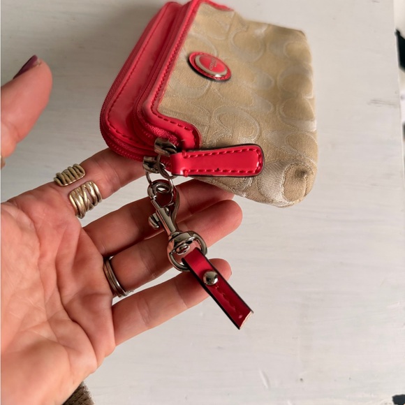 Coach Beige Signature Wristlet with Coral Trim - Picture 5 of 6